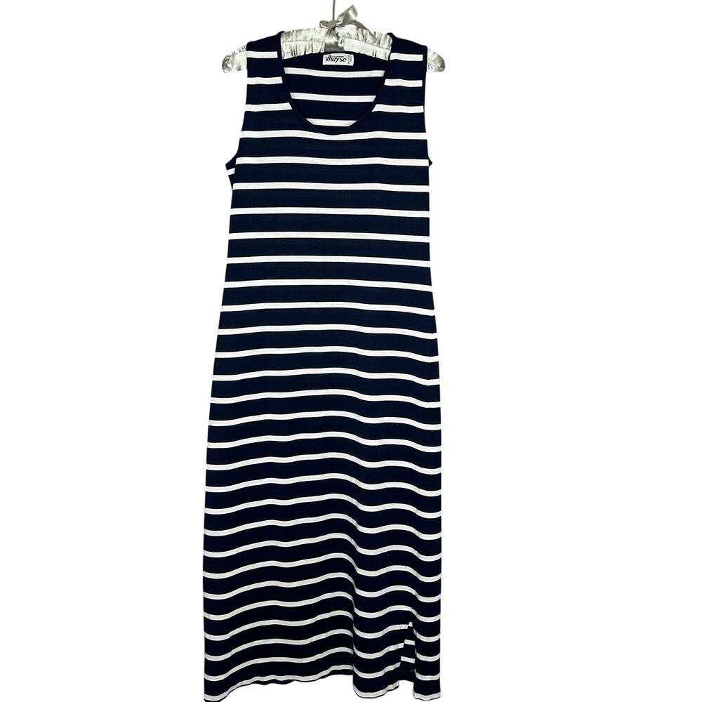VTG Hayse Women M Maxi Dress Navy White Striped Comfy Sleeveless Summer